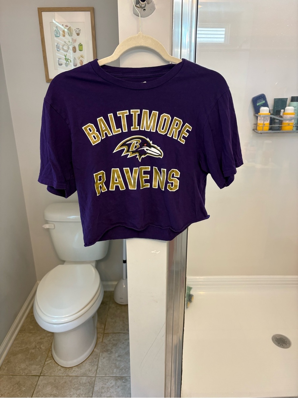 Fanatics Baltimore Ravens Purple Cropped T-Shirt NFL Women Small Raw Hem Tee